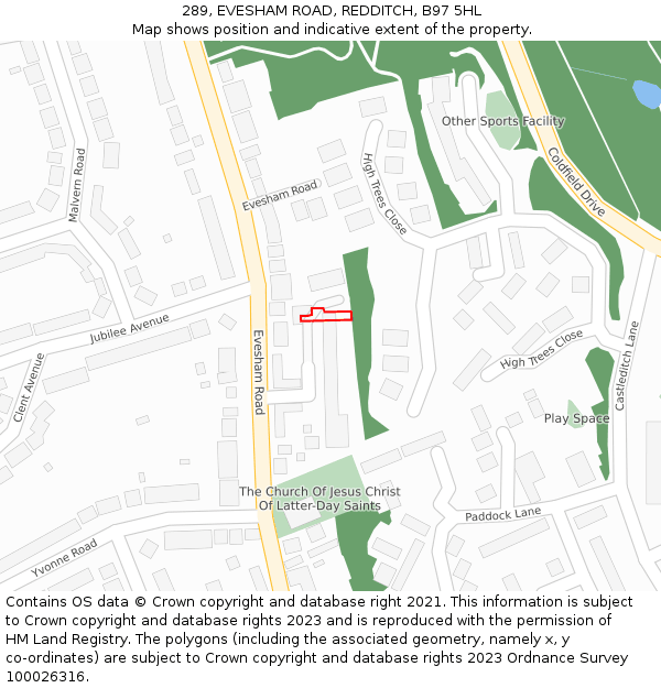 289, EVESHAM ROAD, REDDITCH, B97 5HL: Location map and indicative extent of plot