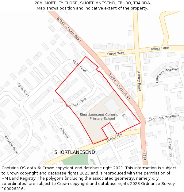 28A, NORTHEY CLOSE, SHORTLANESEND, TRURO, TR4 9DA: Location map and indicative extent of plot