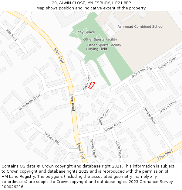 29, ALWIN CLOSE, AYLESBURY, HP21 8RP: Location map and indicative extent of plot