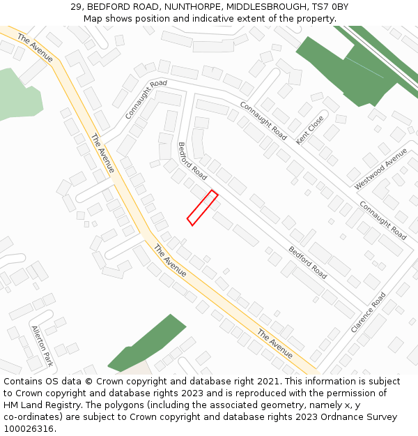 29, BEDFORD ROAD, NUNTHORPE, MIDDLESBROUGH, TS7 0BY: Location map and indicative extent of plot