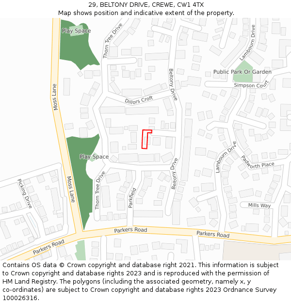 29, BELTONY DRIVE, CREWE, CW1 4TX: Location map and indicative extent of plot