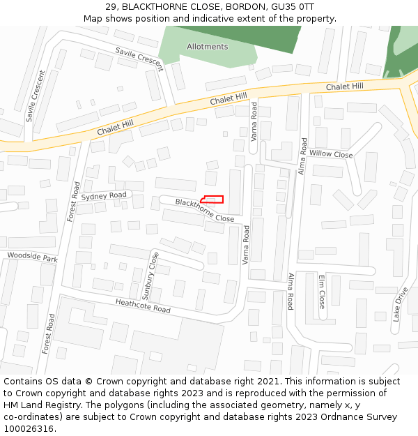 29, BLACKTHORNE CLOSE, BORDON, GU35 0TT: Location map and indicative extent of plot