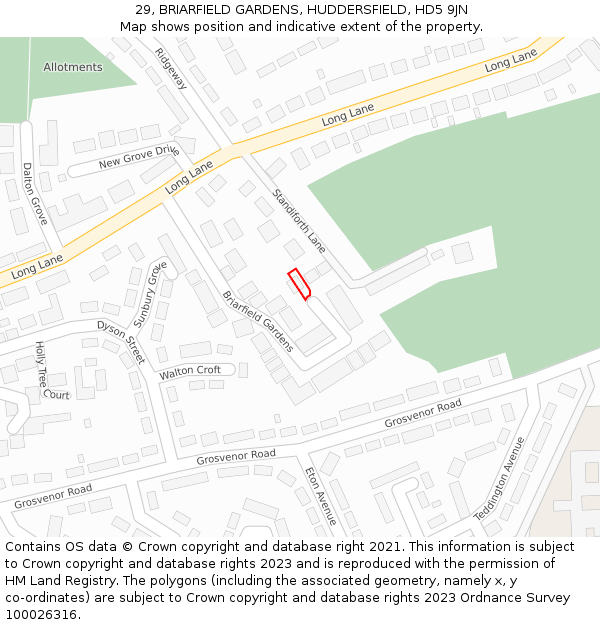 29, BRIARFIELD GARDENS, HUDDERSFIELD, HD5 9JN: Location map and indicative extent of plot