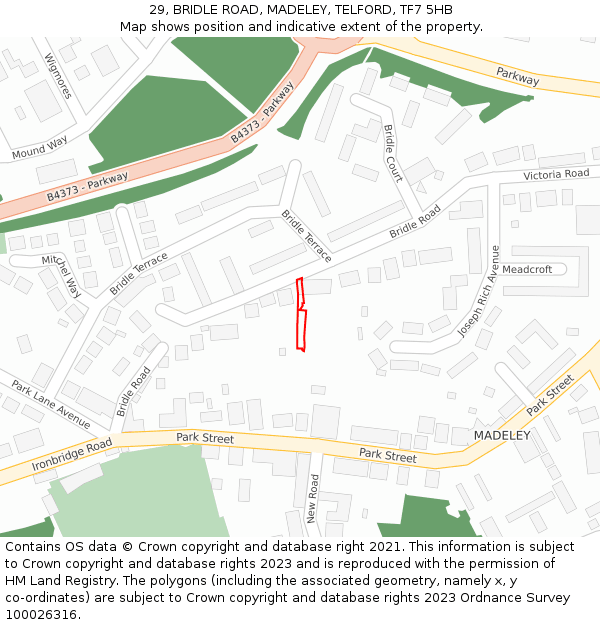 29, BRIDLE ROAD, MADELEY, TELFORD, TF7 5HB: Location map and indicative extent of plot