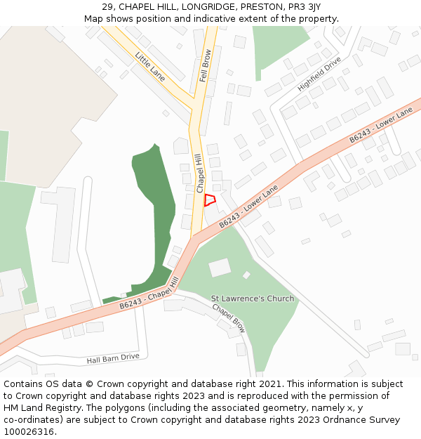 29, CHAPEL HILL, LONGRIDGE, PRESTON, PR3 3JY: Location map and indicative extent of plot