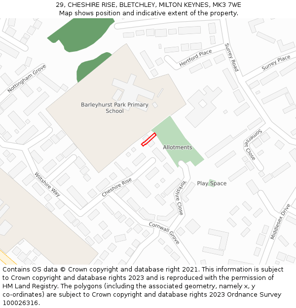 29, CHESHIRE RISE, BLETCHLEY, MILTON KEYNES, MK3 7WE: Location map and indicative extent of plot