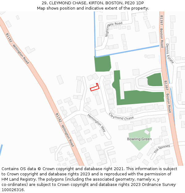 29, CLEYMOND CHASE, KIRTON, BOSTON, PE20 1DP: Location map and indicative extent of plot