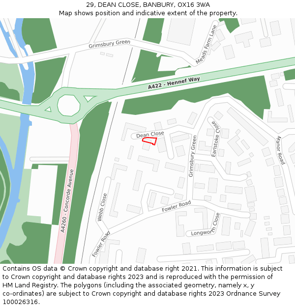 29, DEAN CLOSE, BANBURY, OX16 3WA: Location map and indicative extent of plot