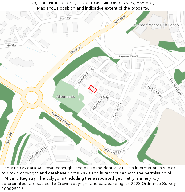 29, GREENHILL CLOSE, LOUGHTON, MILTON KEYNES, MK5 8DQ: Location map and indicative extent of plot