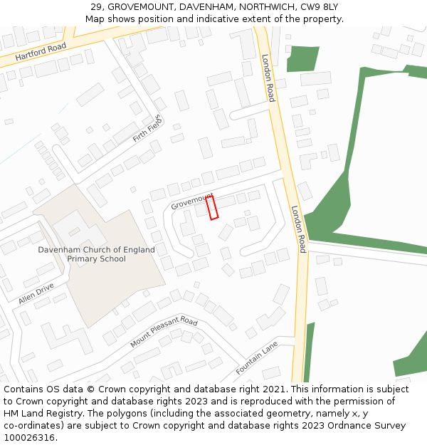 29, GROVEMOUNT, DAVENHAM, NORTHWICH, CW9 8LY: Location map and indicative extent of plot