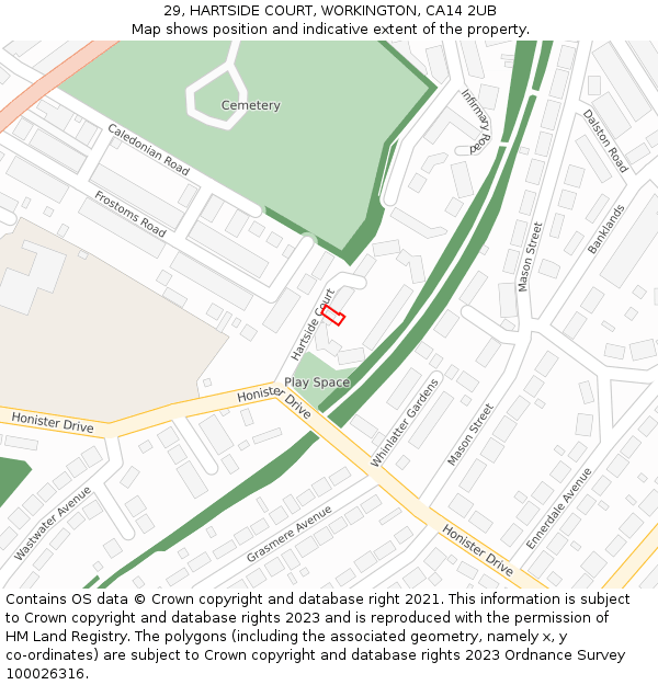 29, HARTSIDE COURT, WORKINGTON, CA14 2UB: Location map and indicative extent of plot