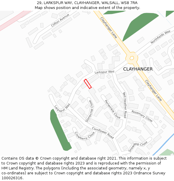 29, LARKSPUR WAY, CLAYHANGER, WALSALL, WS8 7RA: Location map and indicative extent of plot