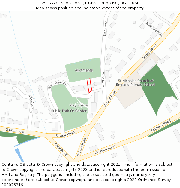 29, MARTINEAU LANE, HURST, READING, RG10 0SF: Location map and indicative extent of plot
