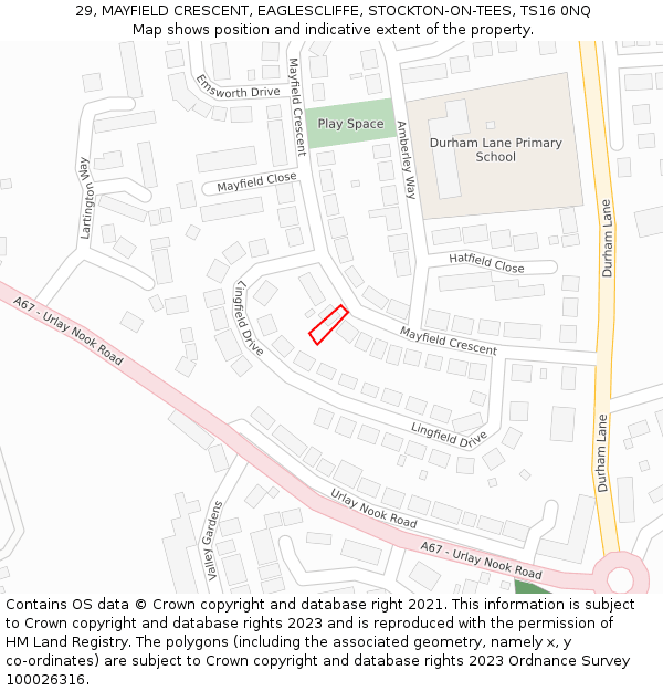 29, MAYFIELD CRESCENT, EAGLESCLIFFE, STOCKTON-ON-TEES, TS16 0NQ: Location map and indicative extent of plot