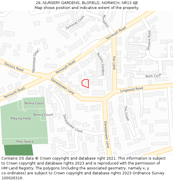 29, NURSERY GARDENS, BLOFIELD, NORWICH, NR13 4JE: Location map and indicative extent of plot