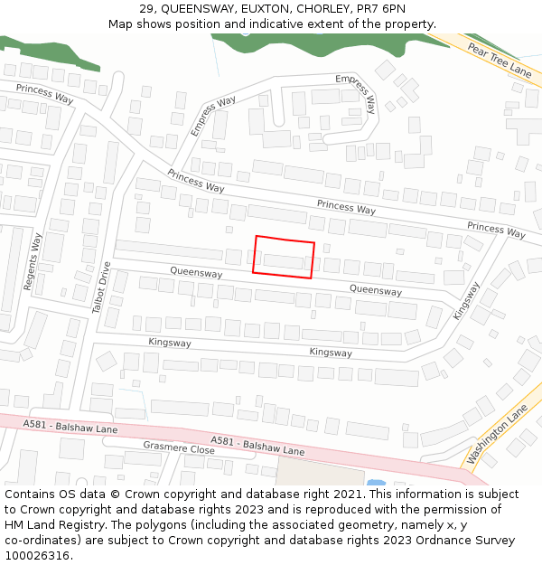 29, QUEENSWAY, EUXTON, CHORLEY, PR7 6PN: Location map and indicative extent of plot