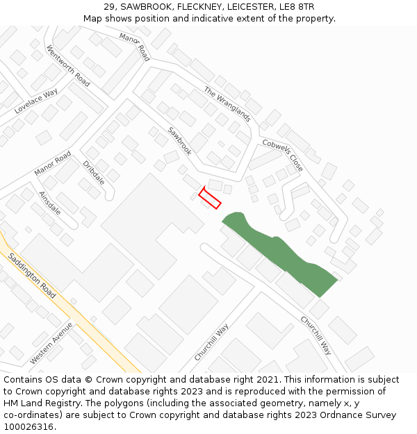 29, SAWBROOK, FLECKNEY, LEICESTER, LE8 8TR: Location map and indicative extent of plot