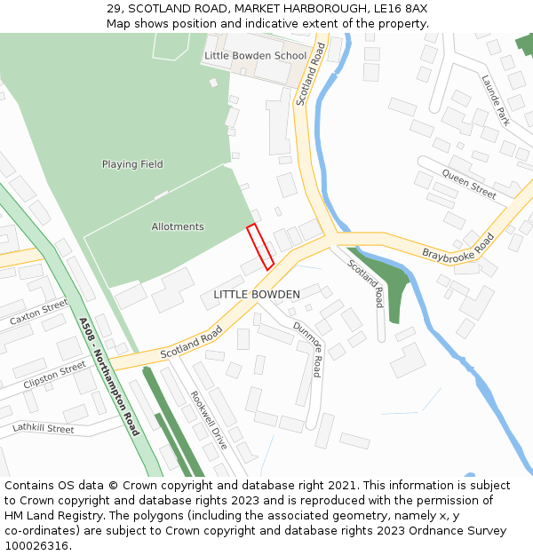 29, SCOTLAND ROAD, MARKET HARBOROUGH, LE16 8AX: Location map and indicative extent of plot