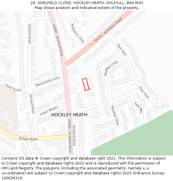 29, SHELFIELD CLOSE, HOCKLEY HEATH, SOLIHULL, B94 6NG: Location map and indicative extent of plot