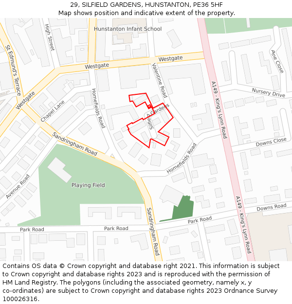 29, SILFIELD GARDENS, HUNSTANTON, PE36 5HF: Location map and indicative extent of plot