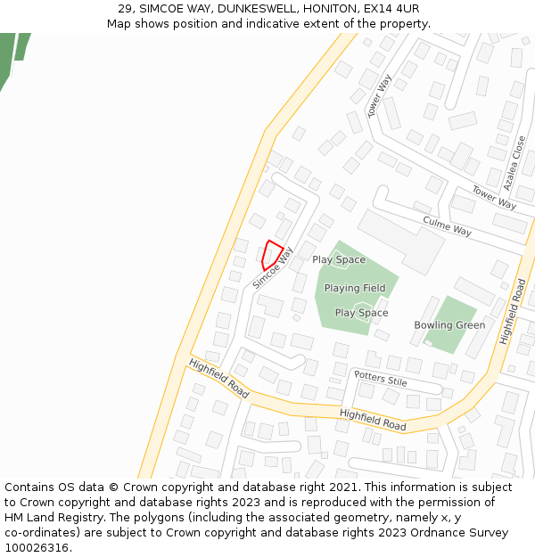 29, SIMCOE WAY, DUNKESWELL, HONITON, EX14 4UR: Location map and indicative extent of plot