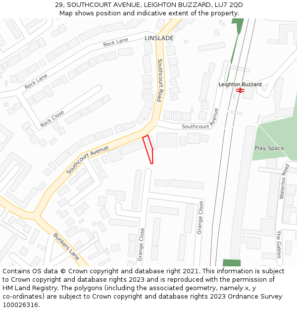 29, SOUTHCOURT AVENUE, LEIGHTON BUZZARD, LU7 2QD: Location map and indicative extent of plot