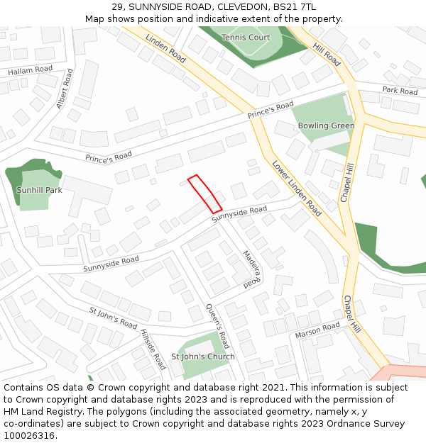 29, SUNNYSIDE ROAD, CLEVEDON, BS21 7TL: Location map and indicative extent of plot