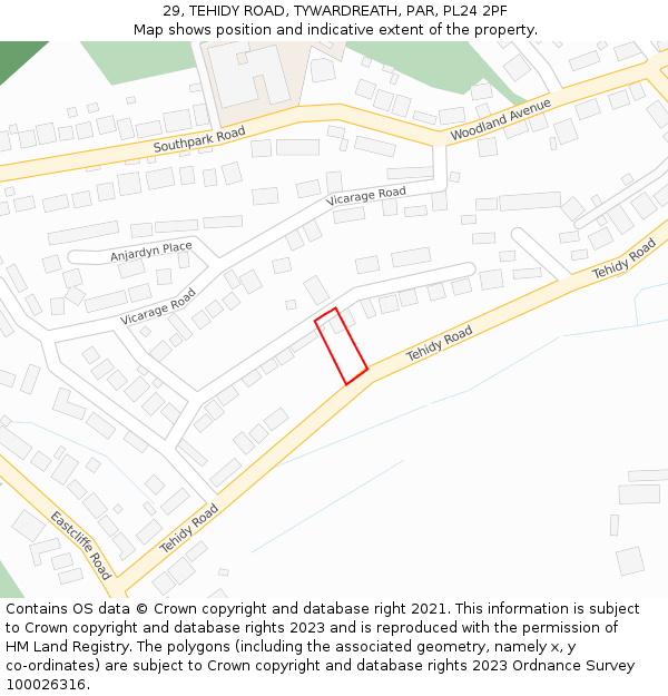 29, TEHIDY ROAD, TYWARDREATH, PAR, PL24 2PF: Location map and indicative extent of plot