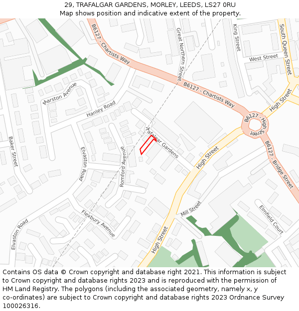 29, TRAFALGAR GARDENS, MORLEY, LEEDS, LS27 0RU: Location map and indicative extent of plot