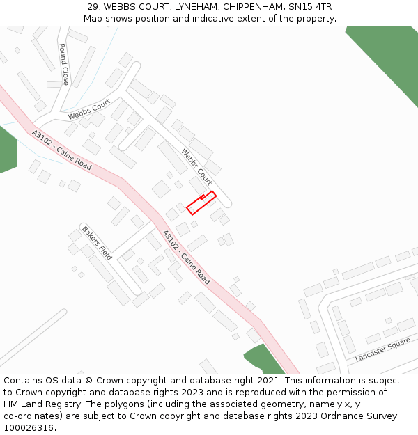 29, WEBBS COURT, LYNEHAM, CHIPPENHAM, SN15 4TR: Location map and indicative extent of plot