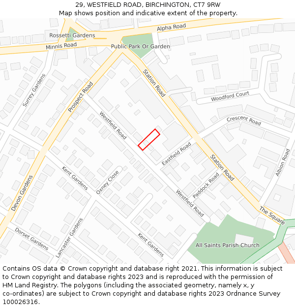 29, WESTFIELD ROAD, BIRCHINGTON, CT7 9RW: Location map and indicative extent of plot