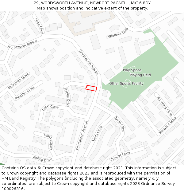 29, WORDSWORTH AVENUE, NEWPORT PAGNELL, MK16 8DY: Location map and indicative extent of plot