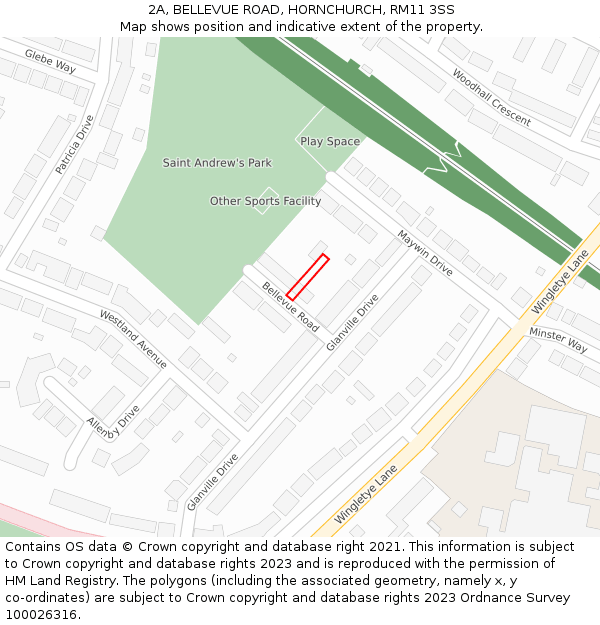 2A, BELLEVUE ROAD, HORNCHURCH, RM11 3SS: Location map and indicative extent of plot