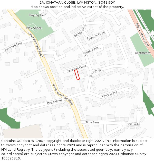 2A, JONATHAN CLOSE, LYMINGTON, SO41 9DY: Location map and indicative extent of plot