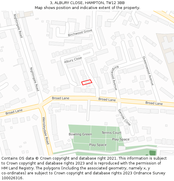 3, ALBURY CLOSE, HAMPTON, TW12 3BB: Location map and indicative extent of plot