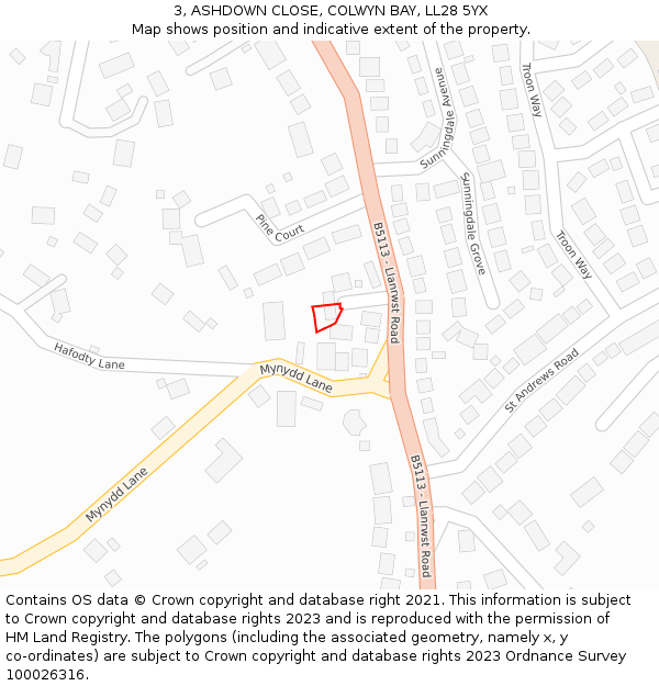 3, ASHDOWN CLOSE, COLWYN BAY, LL28 5YX: Location map and indicative extent of plot