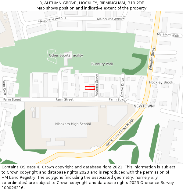 3, AUTUMN GROVE, HOCKLEY, BIRMINGHAM, B19 2DB: Location map and indicative extent of plot