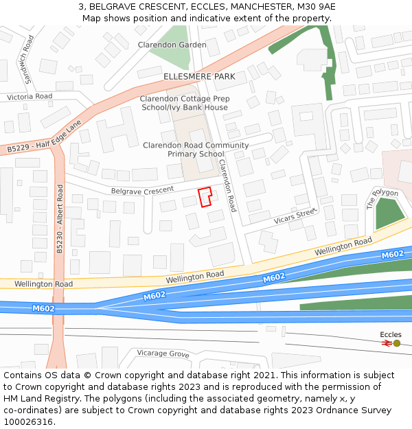 3, BELGRAVE CRESCENT, ECCLES, MANCHESTER, M30 9AE: Location map and indicative extent of plot