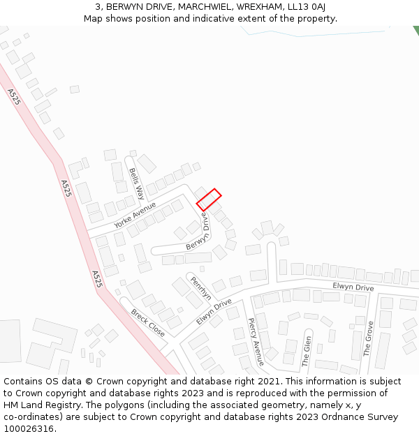 3, BERWYN DRIVE, MARCHWIEL, WREXHAM, LL13 0AJ: Location map and indicative extent of plot