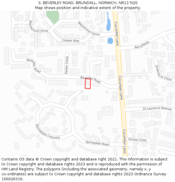 3, BEVERLEY ROAD, BRUNDALL, NORWICH, NR13 5QS: Location map and indicative extent of plot