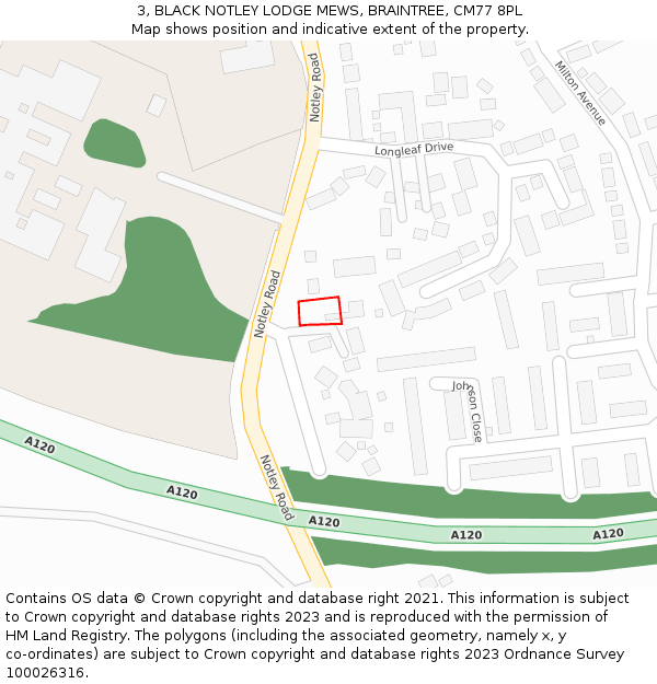 3, BLACK NOTLEY LODGE MEWS, BRAINTREE, CM77 8PL: Location map and indicative extent of plot