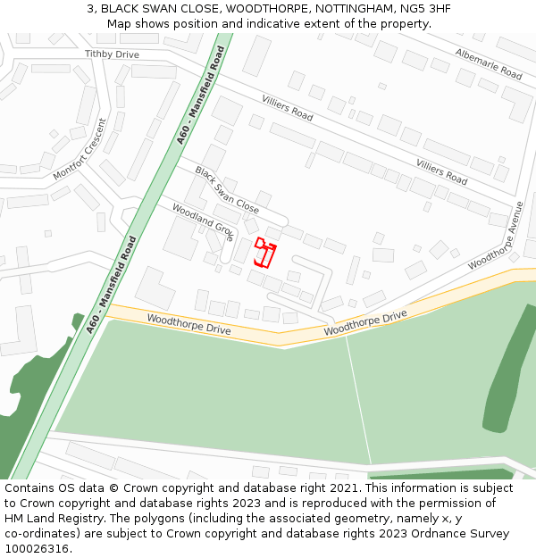 3, BLACK SWAN CLOSE, WOODTHORPE, NOTTINGHAM, NG5 3HF: Location map and indicative extent of plot