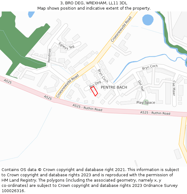 3, BRO DEG, WREXHAM, LL11 3DL: Location map and indicative extent of plot