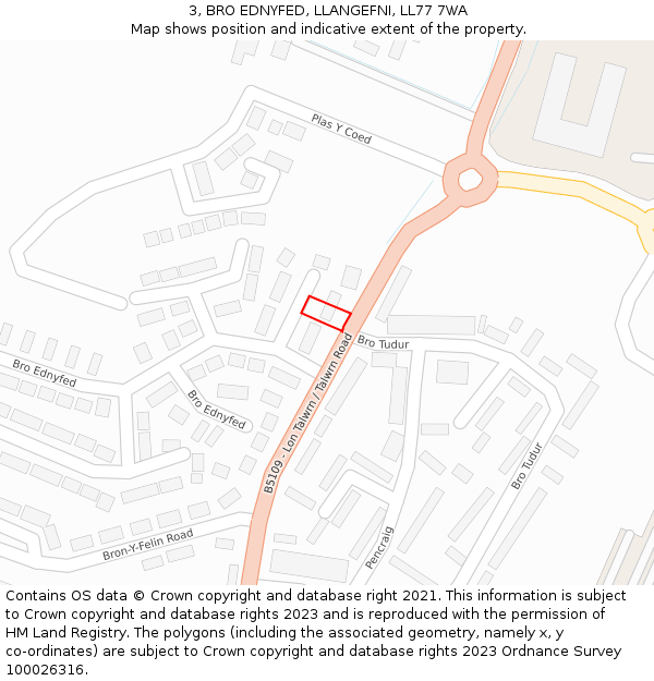 3, BRO EDNYFED, LLANGEFNI, LL77 7WA: Location map and indicative extent of plot