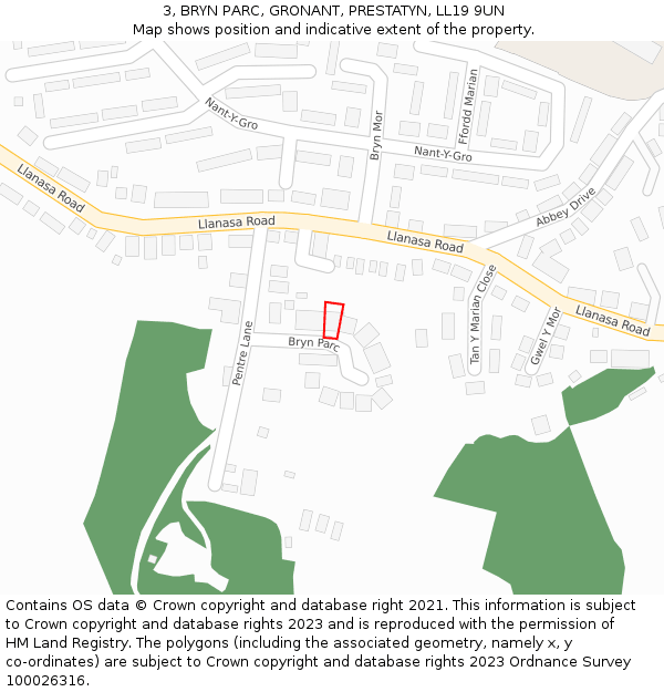 3, BRYN PARC, GRONANT, PRESTATYN, LL19 9UN: Location map and indicative extent of plot