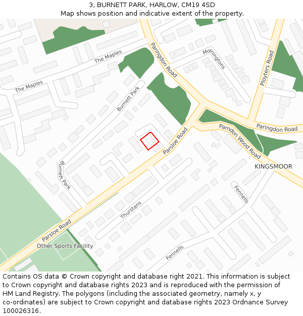 3, BURNETT PARK, HARLOW, CM19 4SD: Location map and indicative extent of plot