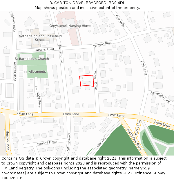 3, CARLTON DRIVE, BRADFORD, BD9 4DL: Location map and indicative extent of plot