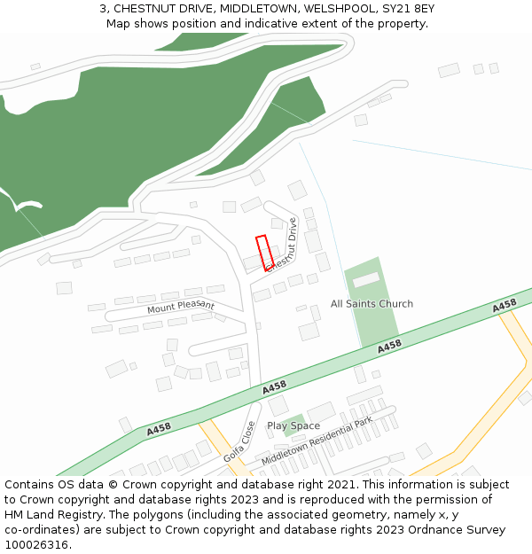 3, CHESTNUT DRIVE, MIDDLETOWN, WELSHPOOL, SY21 8EY: Location map and indicative extent of plot