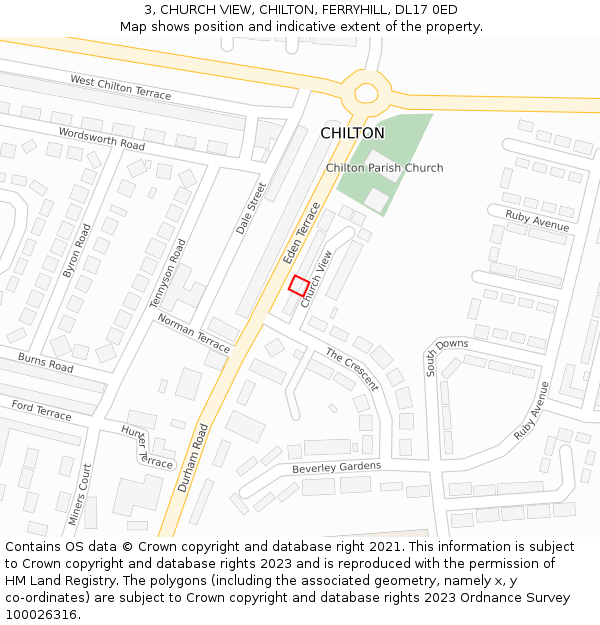 3, CHURCH VIEW, CHILTON, FERRYHILL, DL17 0ED: Location map and indicative extent of plot