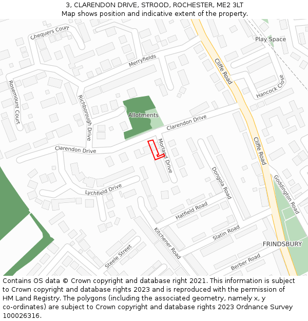 3, CLARENDON DRIVE, STROOD, ROCHESTER, ME2 3LT: Location map and indicative extent of plot